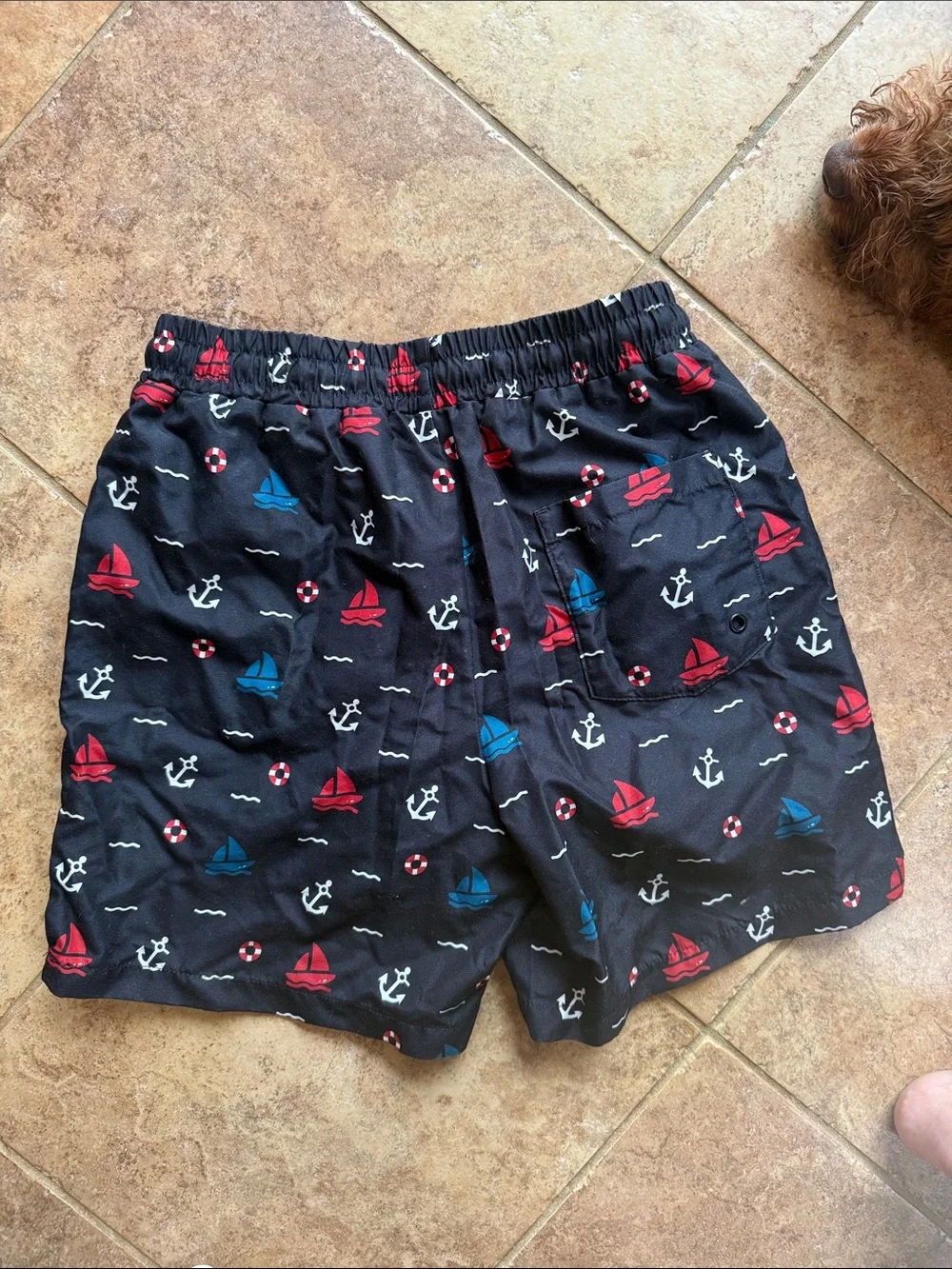 Men's Black Nautical Swim Shorts with Red & Blue Sailboat Print